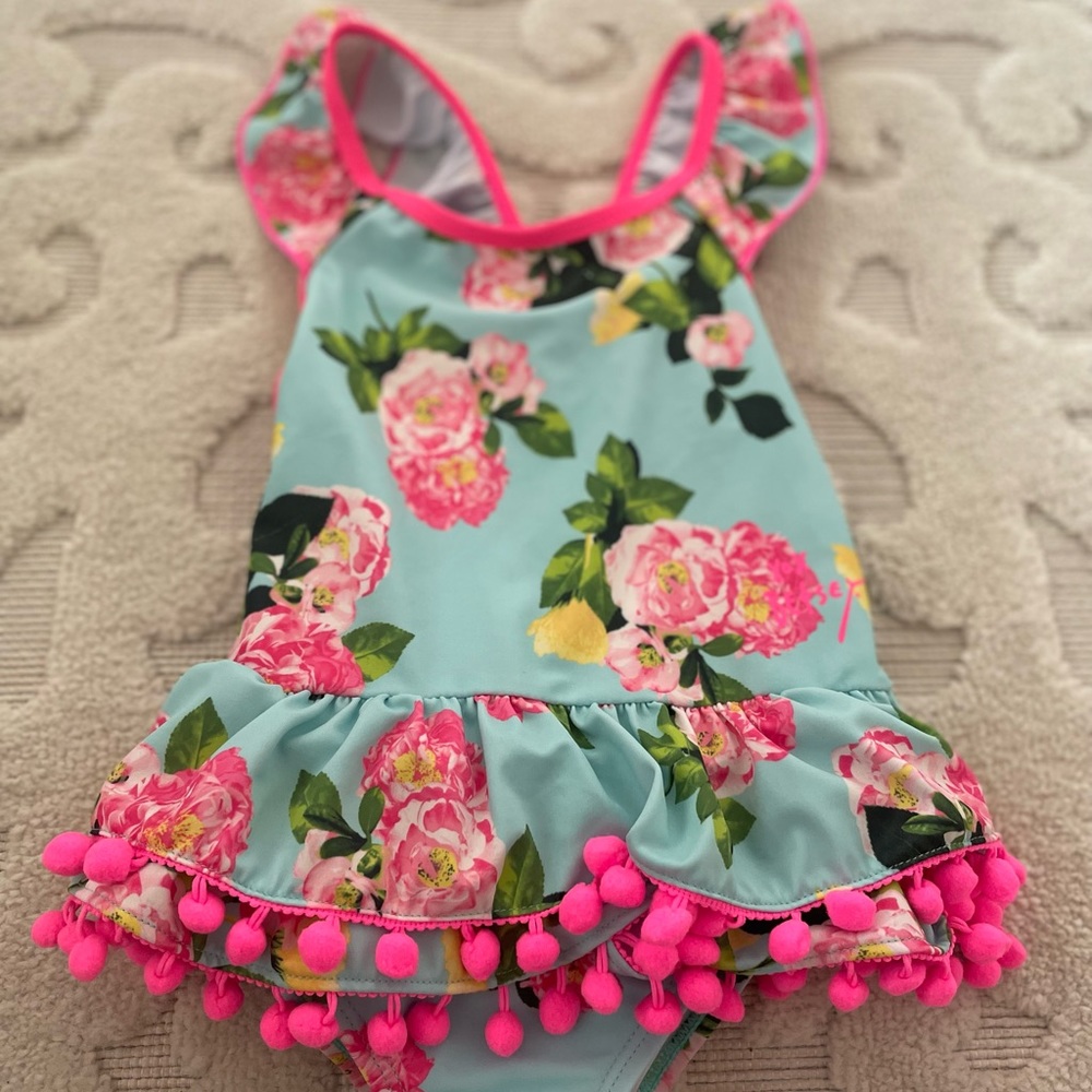 Brand NEW ADORABLE Girls Betsey Johnson Floral and Pom Pom Swimsuit!